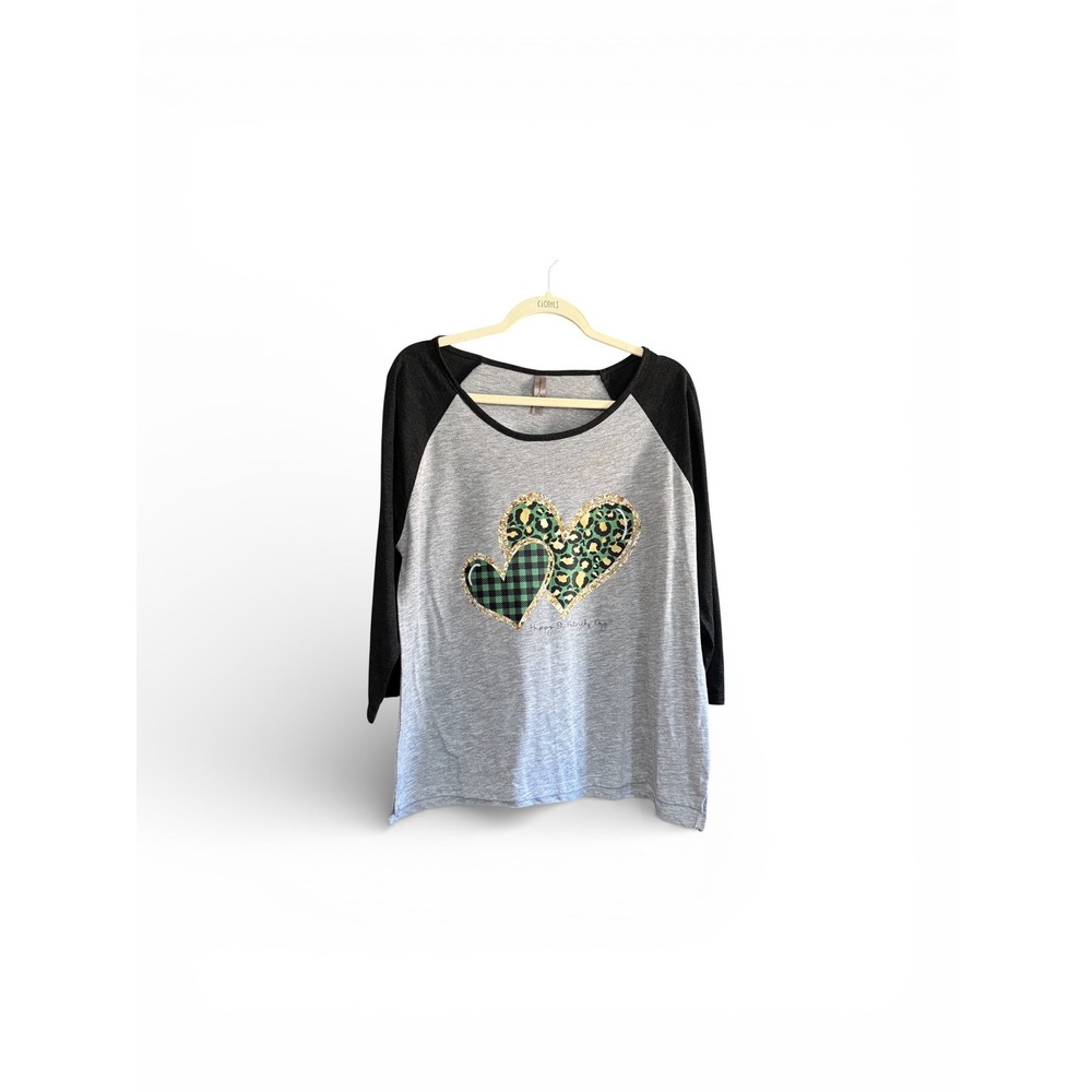Platinum‎ Womens St Patricks Day Raglan Tee Hearts Plaid Leopard Gray Black 2XL